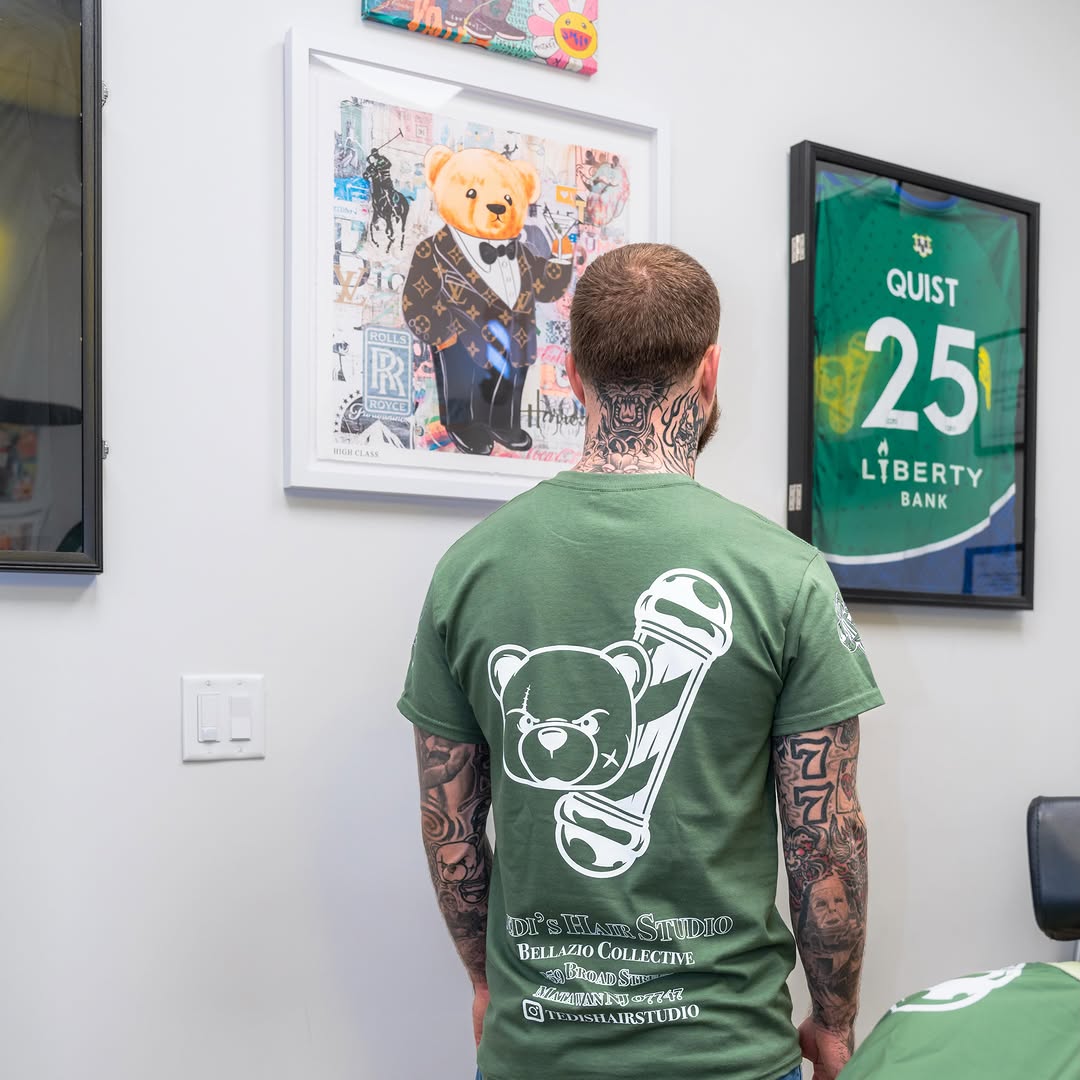 Green Tee, olive green with cream bear print